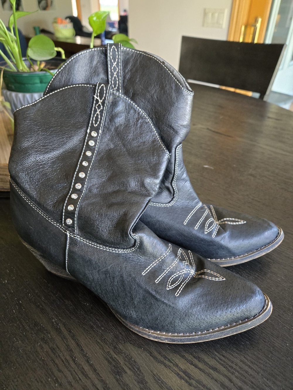 Very Volatile Black Western Ankle Boots with White Stitching and Studs